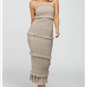 Taupe leaf print smocked fitted dress